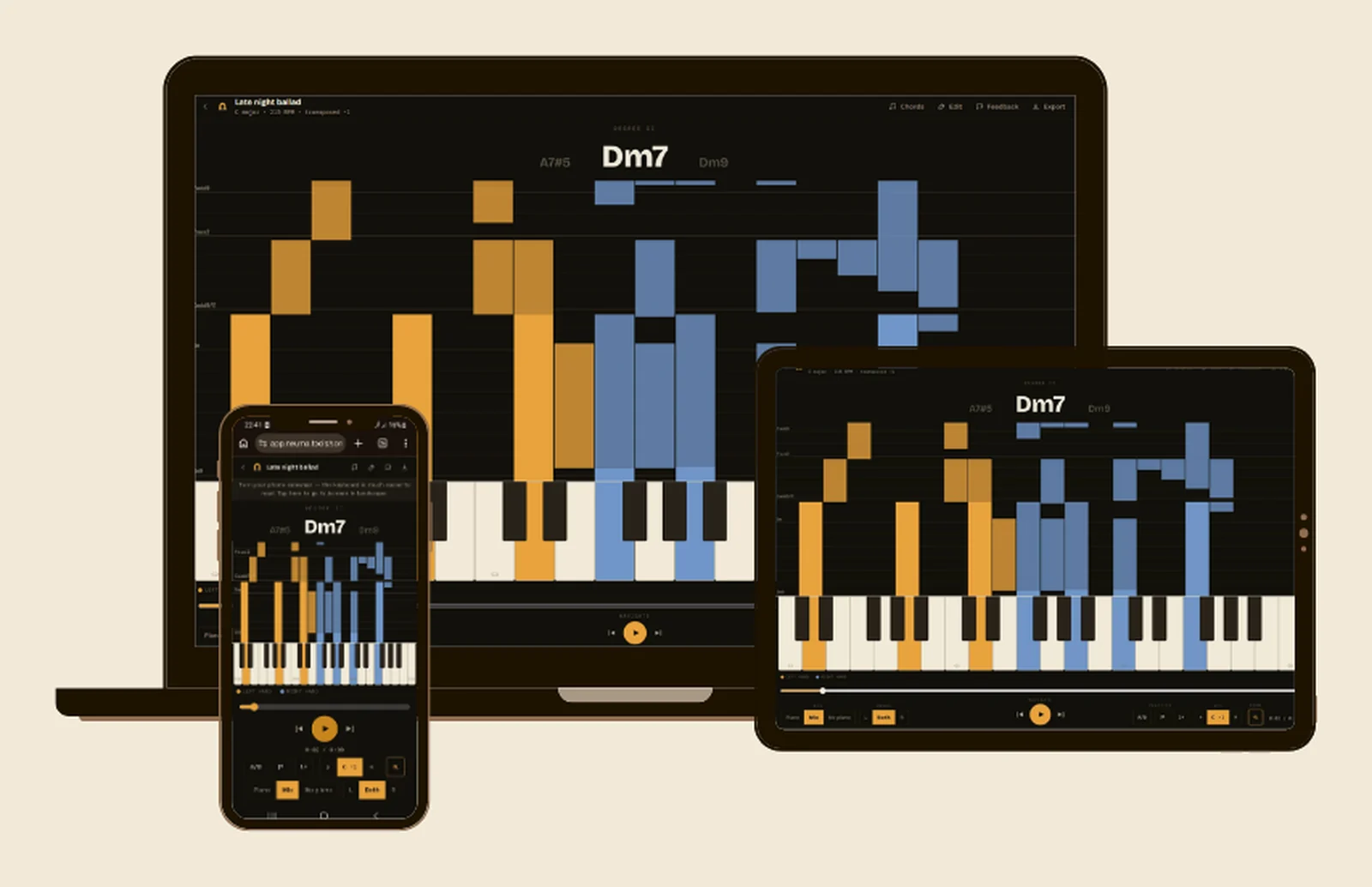 Neuma running on a laptop, tablet and phone